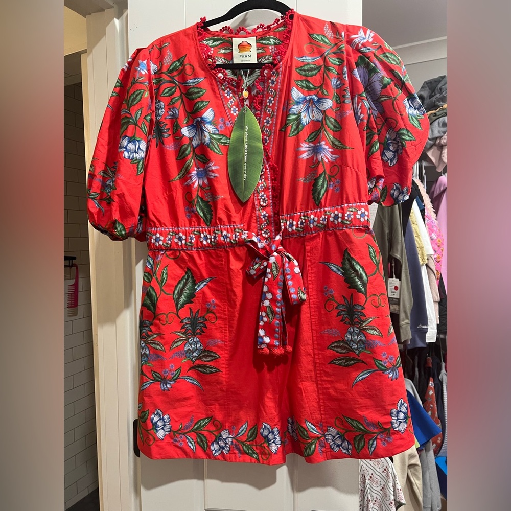 Farm Rio red sweet bloom bouquet organic cotton romper size medium, NWT